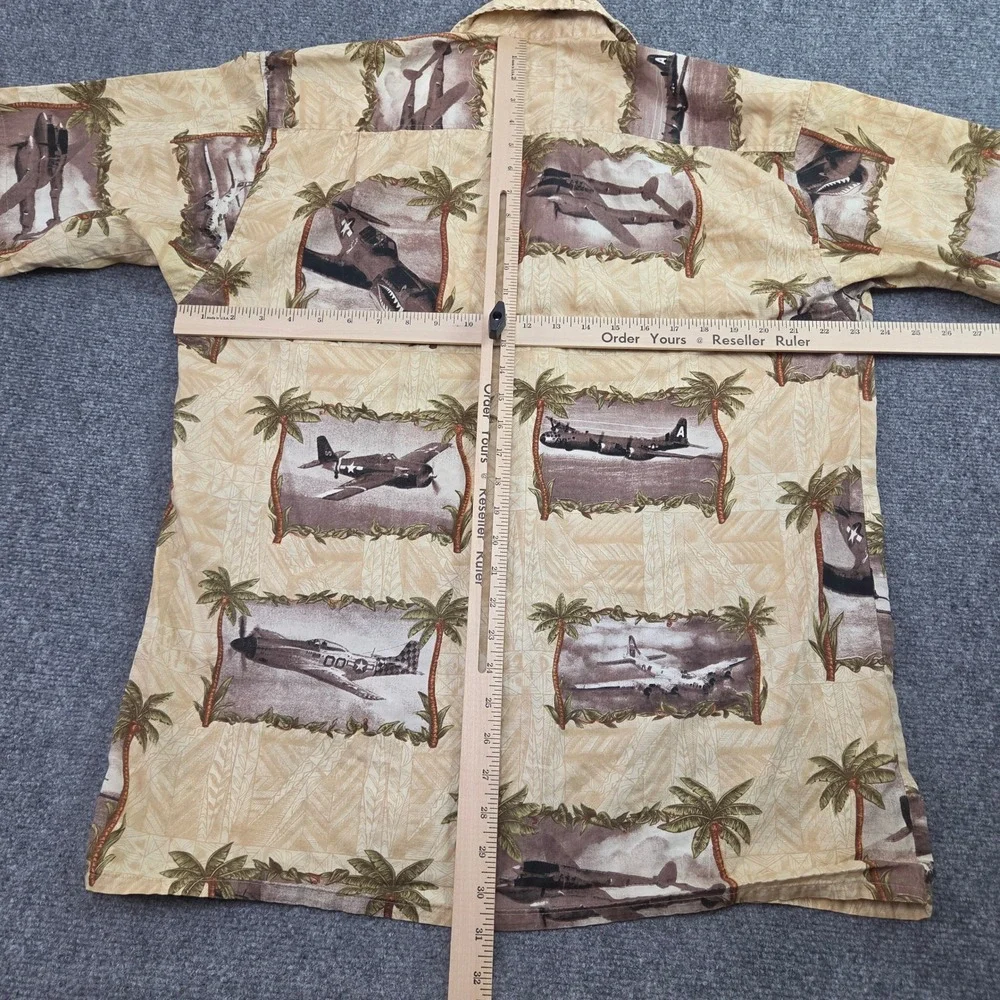Vintage Johnny Cotton Button Up Shirt Small Tan Military Plane Hawaiian Made USA